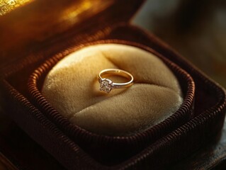 A wedding ring on a velvet box, illuminated with soft golden light
