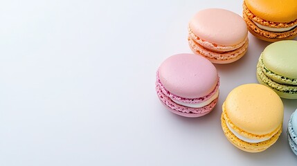 Obraz premium Delicate macarons in pastel shades placed on a white, blank canvas with enough negative space to highlight their colors.