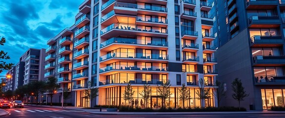Obraz premium Modern apartment building exterior, sleek design, city setting, apartment, luxury