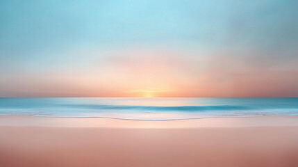 Obraz premium A serene beach sunset with golden sunrays piercing through scattered clouds, reflecting on calm ocean waves. Minimalist composition with vast empty sky and smooth sand for copy space.