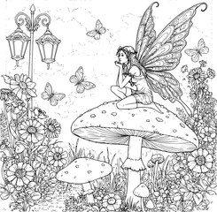 Fairy tale illustration of a fairy in a magical mushroom forest