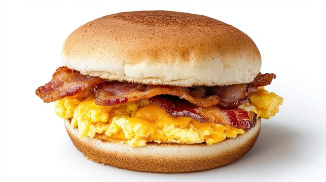 Deluxe breakfast sandwich with scrambled eggs, bacon, and cheddar on an English muffin, isolated on a simple white backdrop.