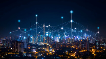 Obraz premium Night City Skyline With Abstract Connectivity Lines
