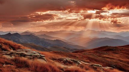 Obraz premium Dramatic mountain sunset with intense orange and pink hues, sharp sunbeams breaking through peaks. Clean, uncluttered foreground with open sky for text placement.
