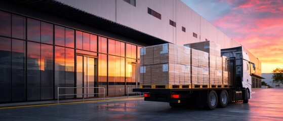 The truck unloading pallets at a warehouse during a vibrant sunset.