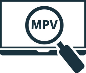 Magnifying glass showing mvp on laptop screen, analyzing minimum viable product