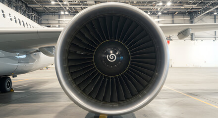 Close-up of a Powerful Airplane Turbine Engine in a Hangar