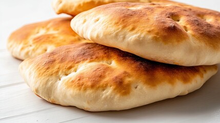 Fototapeta premium Freshly baked pita with a soft, pillowy texture, positioned on a clean, white table, showcasing the bread's details and shape.