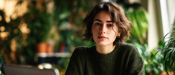 The woman seated amidst greenery exuding a relaxed and thoughtful vibe.