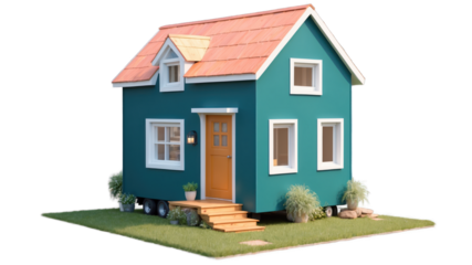 Teal colored tiny house on a grassy area.