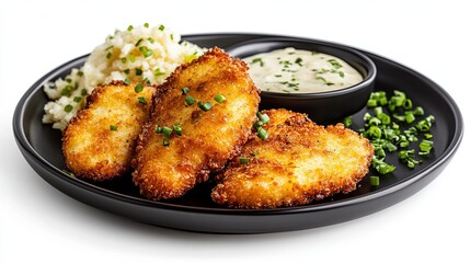 Fototapeta premium Golden crispy schnitzel on a black plate with no garnish, sitting against a pure white background for an elegant presentation. 