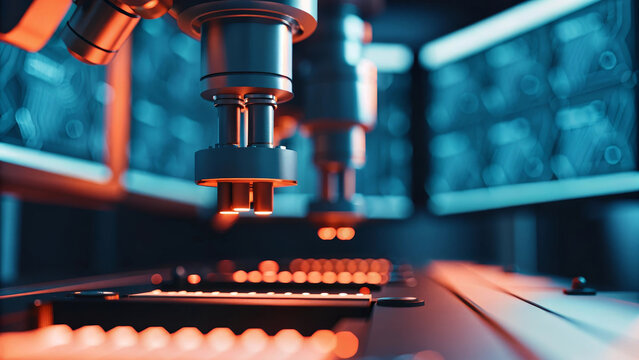 Automated quality control system inspecting microelectronic components with advanced robotics, precision sensors, and futuristic technology in high tech laboratory environment