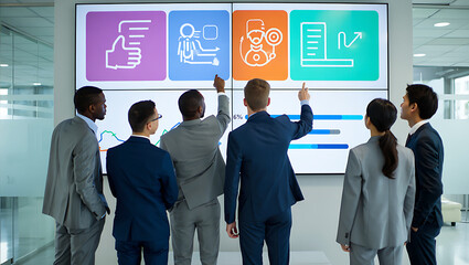 Business team analyzing financial data and presentation on a large screen