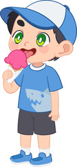Smiling Child Holding Ice Cream &ndash; Summer Illustration.
Cute cartoon illustration of a smiling boy eating an ice cream cone on a summer day. Happy child enjoying a sweet treat outdoors. Perfect 