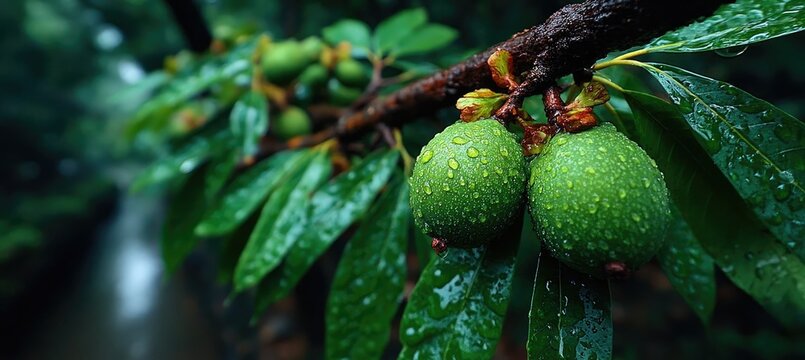 The green walnuts on the tree have already borne fruit and are about to bloom