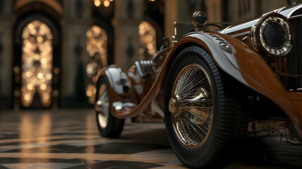 Vintage Car In Grand Hall With Golden Lights