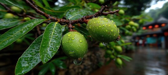 Obraz premium The green walnuts on the tree have already borne fruit and are about to bloom