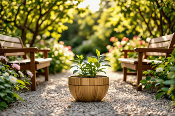 A potted plant sits centered on a gravel path between two wooden benches in a sun-drenched garden.