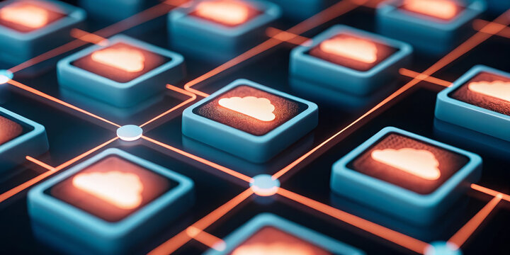 Cloud computing, serverless technology, and digital network concept with glowing cloud icons on interconnected blocks, representing modern data infrastructure and futuristic innovation