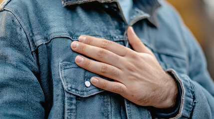 Person standing with hand on their chest, wearing denim jacket, expressing sincerity and emotion