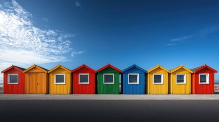 Colorful beach huts in a row against a clear sky