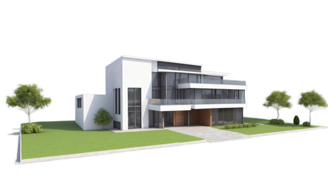 Modern home design with landscaping. - Powered by Adobe