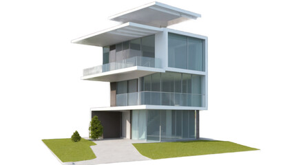 Modern architectural design of a three-story building.