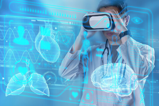 medical professional using a VR headset to explore holographic human anatomy, virtual reality and augmented reality in medical training and diagnostics. healthcare technology