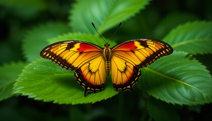 Morpho peleides butterfly perched on lush foliage in the Peruvian Amazon jungle