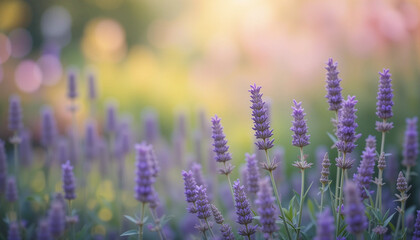 Blooming lavender flowers in soft focus with natural blurred background, panoramic view