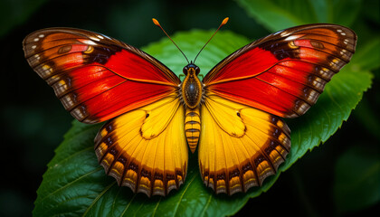 Beautiful Yellow Morpho butterfly on tropical leaves, nature and wildlife of South America
