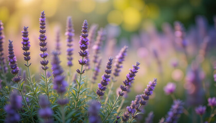 Fine lavender plants in full bloom on dreamy nature backdrop, wide banner format