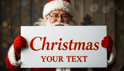 Jolly Santa in red suit smiling with white signboard and decorative Christmas text