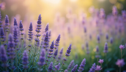 Lavender field in bloom with blurred background, panoramic floral nature scene