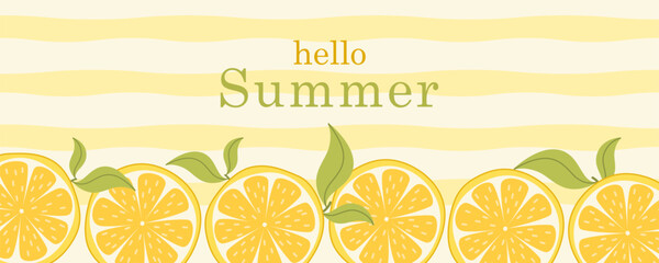 Summer horizontal banner with lemons on striped background. Modern flat template for horizontal poster, header, cover, social media.
