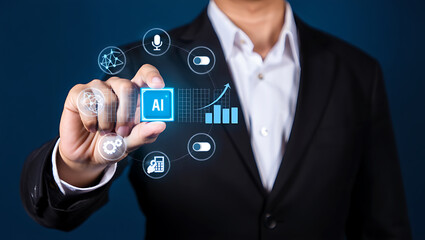 Businessman holding ai interface representing business growth and technology development
