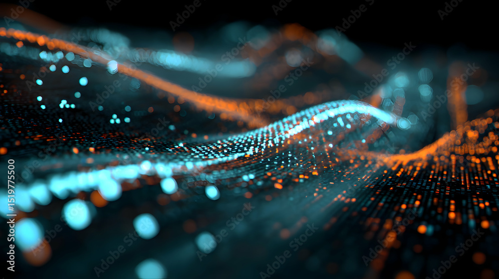 Poster abstract data stream visualization with flowing orange and cyan particles on a dark background