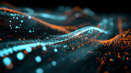 Abstract data stream visualization with flowing orange and cyan particles on a dark background