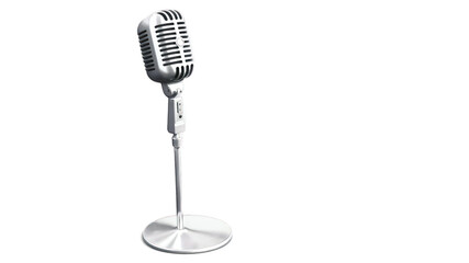 Vintage microphone on a stand against a black background.