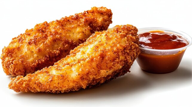 Shot of a crispy chicken tender with a side of dipping sauce, displayed on a simple, uncluttered background. 