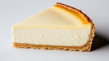 Side view of a slice of cheesecake, showcasing its layers, placed on a white background with plenty of empty space. 