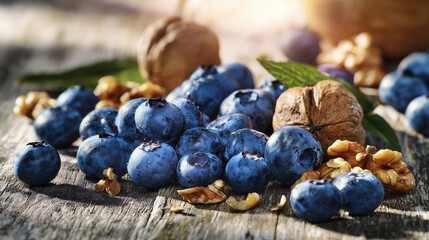 Fresh blueberries and walnuts arranged on wooden table, healthy brain food concept for memory improvement and Alzheimer prevention, superfood nutrition and wellness lifestyle.
