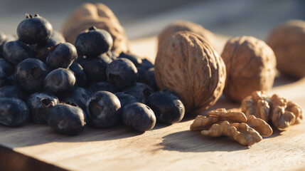 Fresh blueberries and walnuts arranged on wooden table, healthy brain food concept for memory improvement and Alzheimer prevention, superfood nutrition and wellness lifestyle.