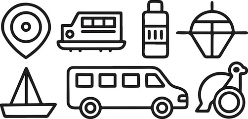 Classic cartoon vector icons set of transportation vehicles and auto service signs