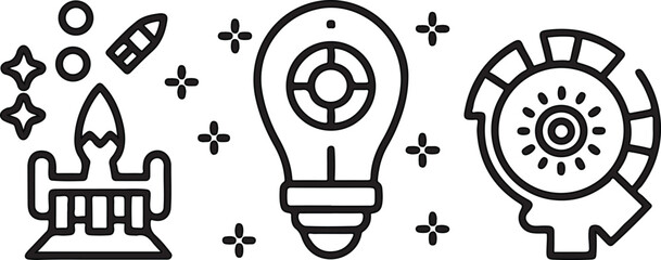 Hand-drawn vector illustration of a skull, brush, and pen sketches alongside a creative light bulb icon, symbolizing artistic innovation and powerful ideas