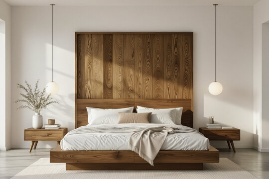 A minimalist bedroom showcases a low-platform bed with crisp white linens, complemented by a wood-paneled headboard, bedside tables, and a potted plant, creating a serene and modern interior.