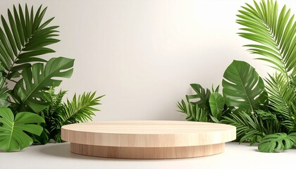 Minimalist Circular Stage Mockup with Natural Wood and Plant Accents