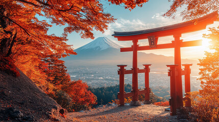 Red torii gate stands amidst vibrant autumn foliage with Mount Fuji in background, under clear sky