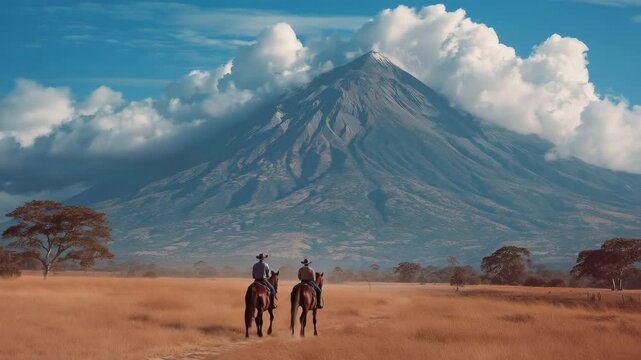 Riding a horse in front of a volcano