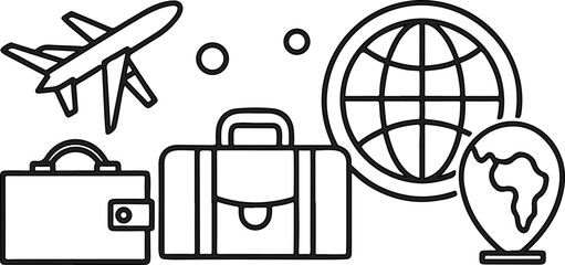 Travel vector icon set with vintage military aircraft and luggage symbols